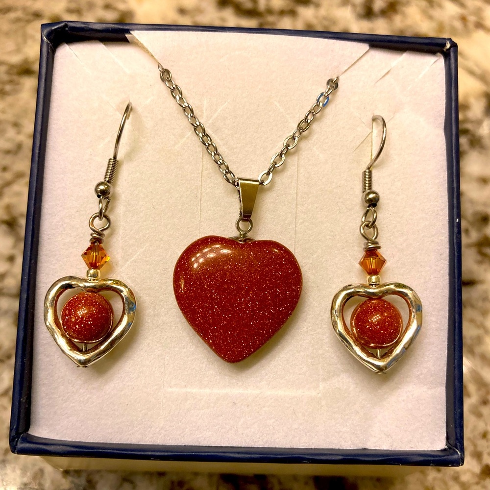 Goldstone Heart Pendant Necklace & Earrings